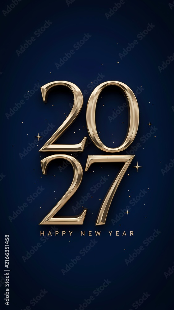 Fototapeta premium 3D Golden Stacked 2027 Typography Vertical Story Template with Sparkling Stars on Dark Blue Background