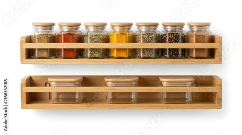 Wooden Spice Rack with Jars Filled with Various Spices.