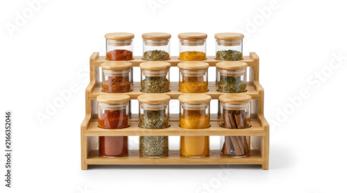 Wooden Spice Rack with Twelve Glass Jars Filled with Spices.