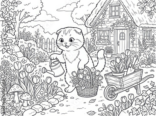 Cute scottish fold kitten gardening in a beautiful flower garden with a watering can, a basket of flowers, and a wheelbarrow in front of a cozy cottage