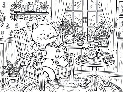 Whimsical cartoon cat reading a book in a cozy room filled with floral patterns and decorative elements