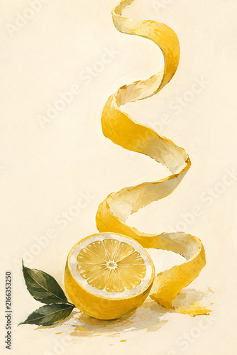 Lemon Half with Long Spiral Peel and Green Leaves, Minimal Gouache Food Illustration