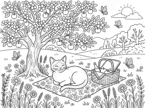 A peaceful coloring page featuring a cute cat resting on a picnic blanket under a blooming apple tree in a sunny meadow with butterflies and flowers