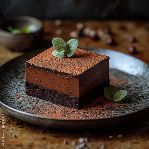A decadent chocolate treat sits elegantly on a dark plate adorned with green leaves