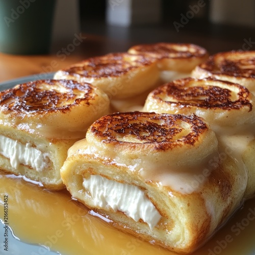 Freshly baked cinnamon rolls filled with cream and topped with golden caramel sauce