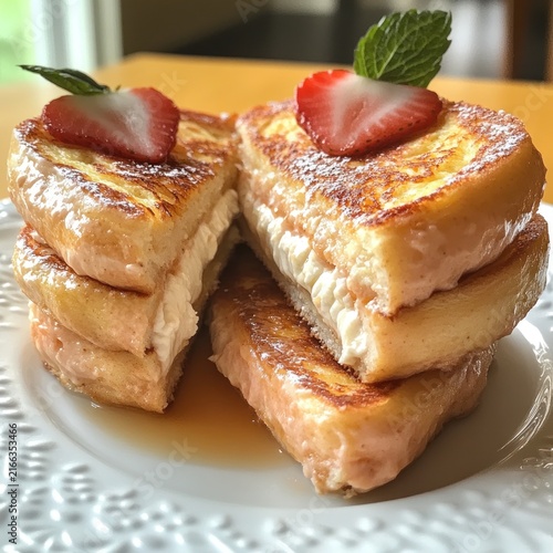 Fluffy French toast topped with sweet filling strawberries and mint