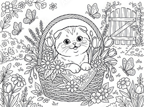 Cute scottish fold kitten sitting in a wicker basket filled with spring flowers and tulips in a garden with butterflies and a wooden gate