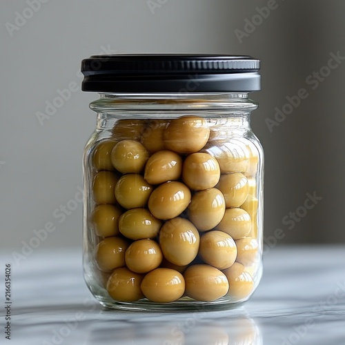 Golden olives sit in a clear jar showcasing their beautiful color and texture