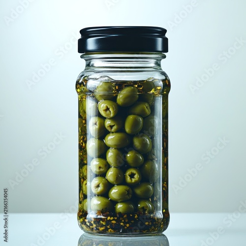 Fresh green olives resting in a glass jar infused with rich oil and spices glistening