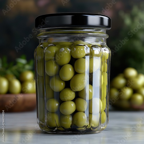 Green olives sit in a glass jar shining with freshness surrounded by natural elements