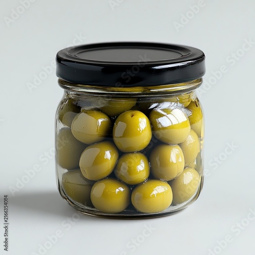 Bright green olives are packed in a clear glass jar waiting to enhance meals with flavor
