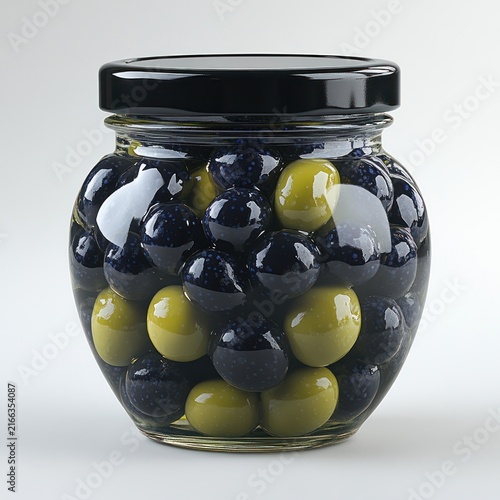 A clear jar holds shiny black and vibrant green marbles reflecting light