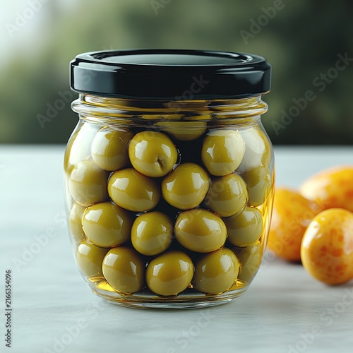 Fresh green olives glisten in a jar reflecting natural light inviting a taste