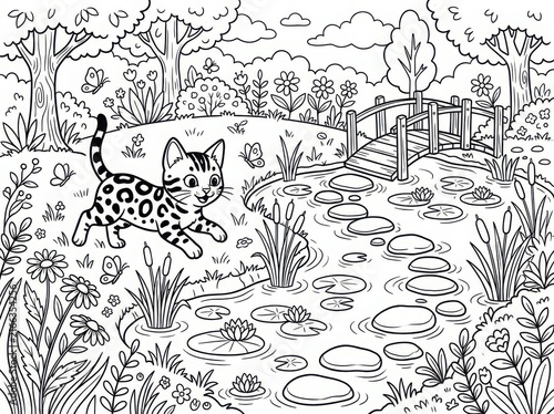 Cute spotted kitten playing in a beautiful sunny garden with a pond, wooden bridge, and blooming flowers, coloring page for kids