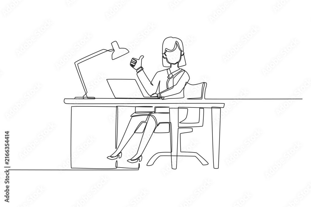 Fototapeta premium A continuous line drawing of an accomplished human woman working as a businesswoman sitting at an office desk with a laptop and lamp, showing a thumbs up gesture to celebrate daily work success.