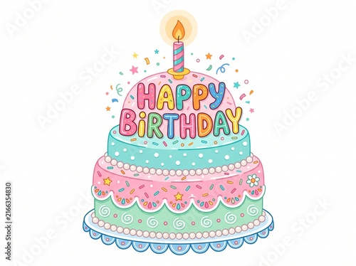 Cute Colorful Three Tiered Birthday Cake with Happy Birthday Text, One Lit Candle and Confetti