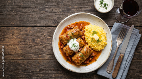 Romanian dish sarmale on a table seen from above with copy space, ad image traditional romanian food
