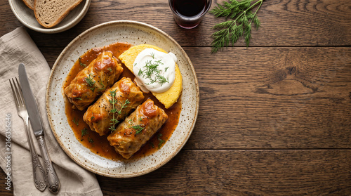 Romanian dish sarmale on a table seen from above with copy space, ad image traditional romanian food