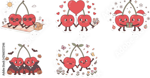 Cute Kawaii Cherry Couples with Hearts Christmas Halloween Outfits Cartoon Illustration Set