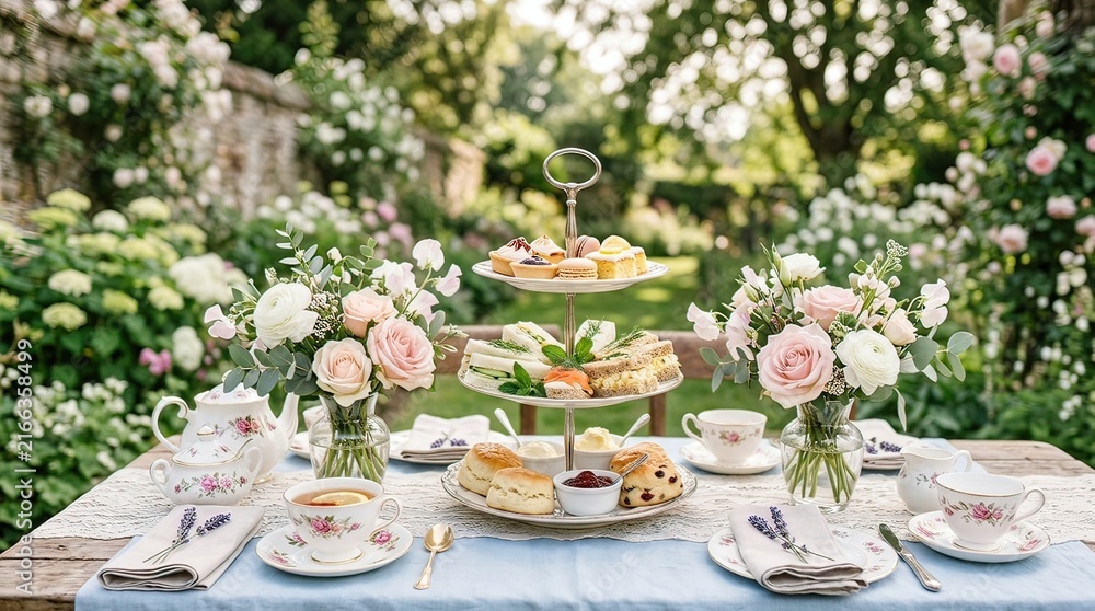 Fototapeta premium Elegant outdoor springtime tea party setting with delicate floral arrangements and pastel colored tableware on a linen covered table