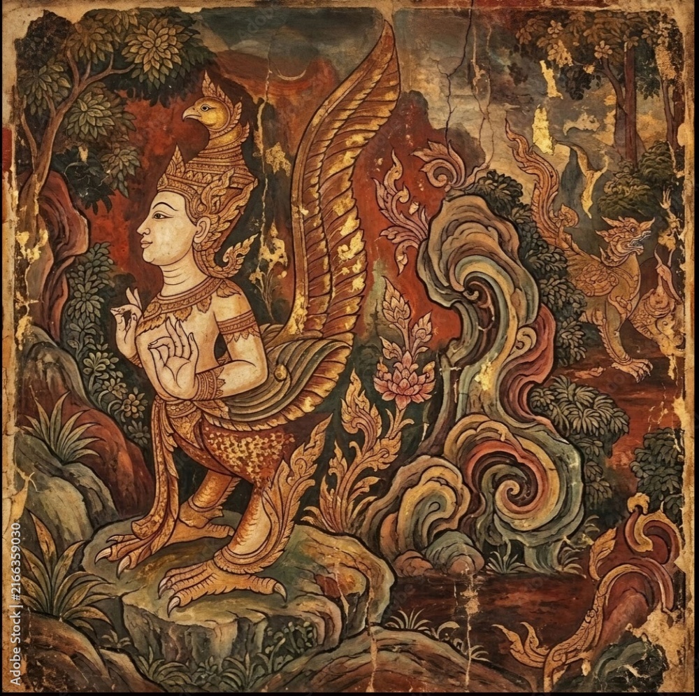 Fototapeta premium thai style painting art. ancient Thai mythical creature - Kinnari (female) : upper body in human and the lower of bird or swan, lived in Himmapan forest.
