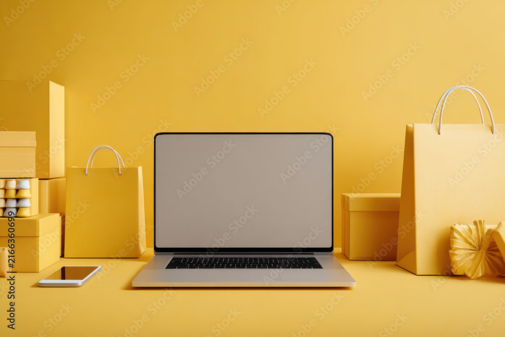 Fototapeta premium Laptop and shopping bags on yellow background, online shopping concept