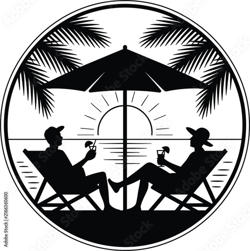 Принти на полотні Circular black silhouette of two people relaxing on beach chairs under a large u