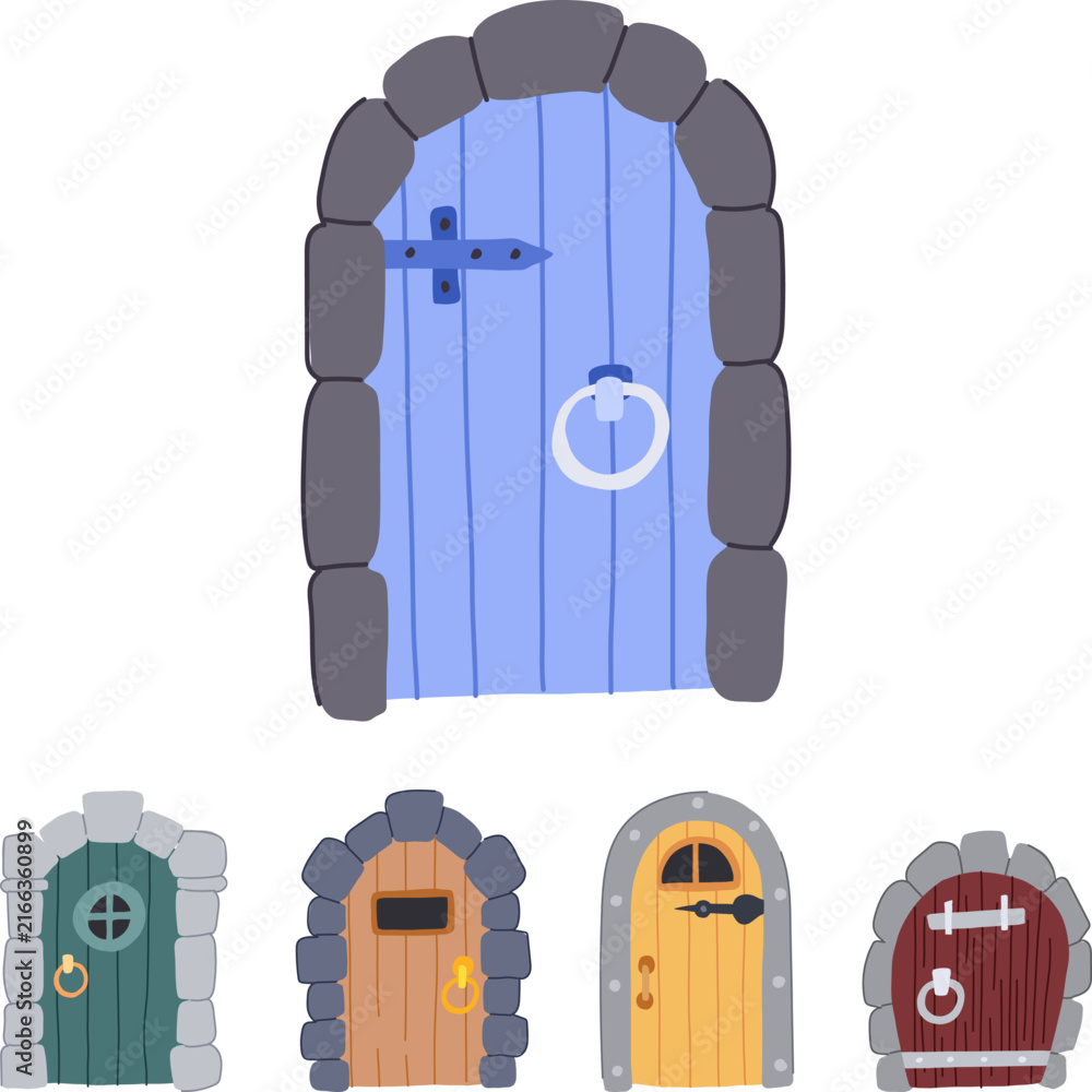 Fototapeta premium Five different whimsical magical entryways creating a fantasy concept, featuring diverse shapes, colors, and designs suitable for imagination and storytelling