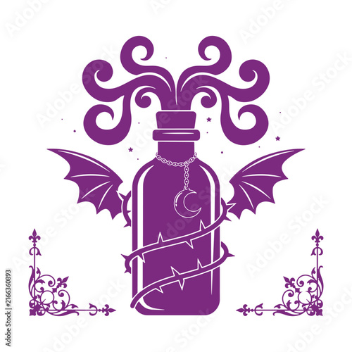 Spooky potion bottle with bat wings, vines, and crescent moon vector illustration