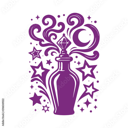 Magical potion bottle with smoke, stars, and crescent moon vector art