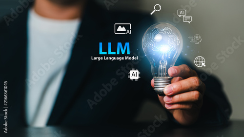A business professional holding a glowing light bulb surrounded by LLM (Large Language Model)  digital icons representing artificial intelligence, innovation, and modern technology concepts.