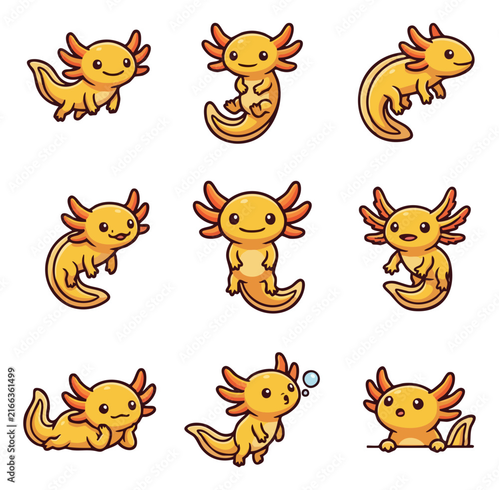 Obraz premium Cute cartoon axolotl collection various poses cheerful