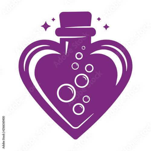 Purple heart shaped magic potion bottle with bubbles vector illustration