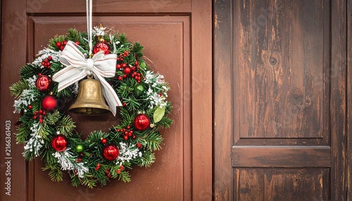 Christmas wreath with a white bow and golden bell hanging on a brown wooden panel door holiday decoration winter wreath
