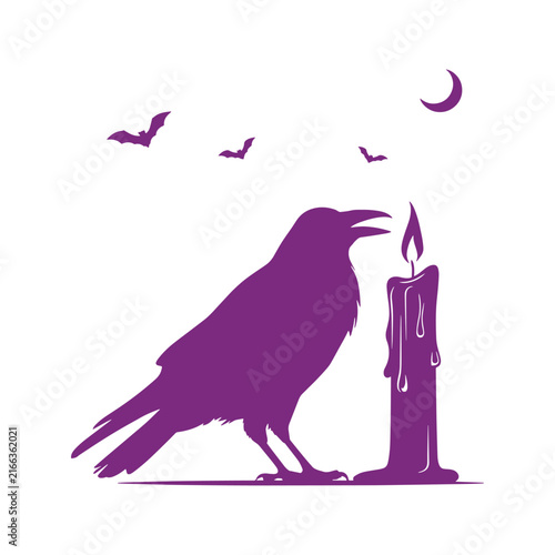 Halloween raven bird with melting candle and crescent moon vector illustration