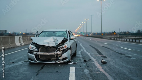 Crashed silver sedan automobile with damaged front bumper wrecked on concrete road surface.