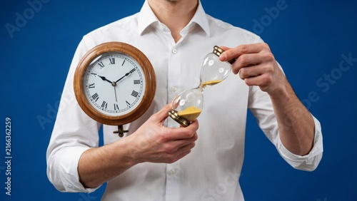 Business person holding wooden hourglass and round clock representing time management concept.