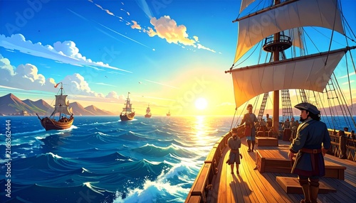 Historical sailing ships navigating rough ocean waves under a golden sunset sky with sailing ship historic ship tall ship