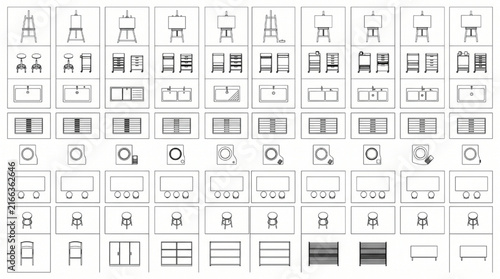 Art Studio Workspace Layout Design Symbols. Minimalist 2D Top View Painting Easel, Workstation Desk, and Storage Shelving Set.