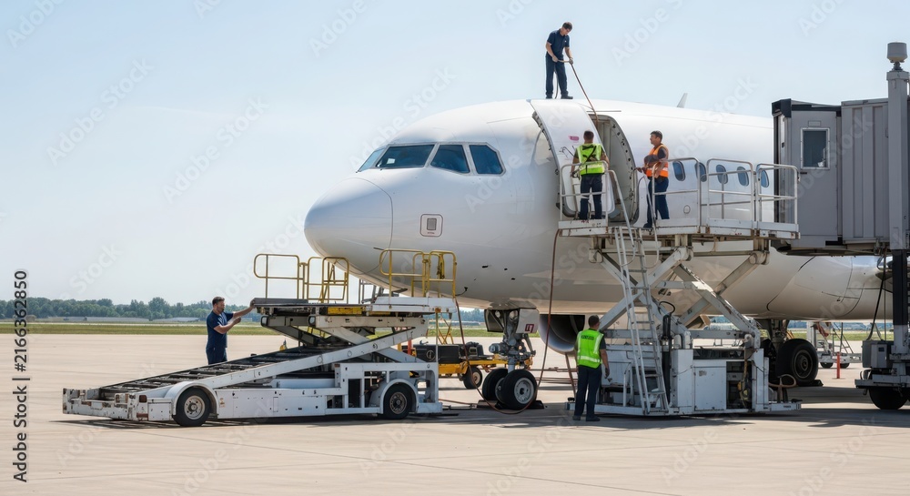 Fototapeta premium Airport maintenance crew performing essential services on a commercial airplane at a busy airport tarmac on a clear day