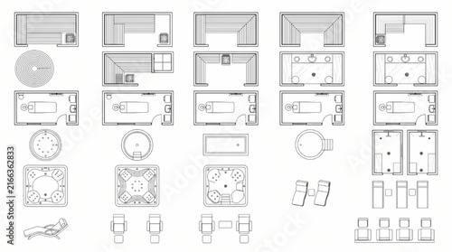 Wellness Area and Luxury Gym Layout Design Symbols. Minimalist 2D Top View Relaxation Recliner, Jacuzzi, and Steam Room Set.