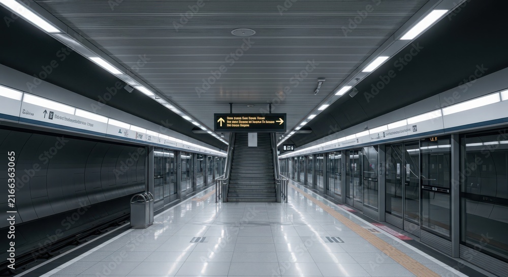 Obraz premium An empty modern underground metro station platform with symmetrical lighting and directional signs