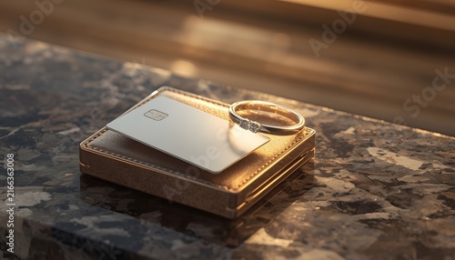 Metal card and ring resting on leather wallet on marble