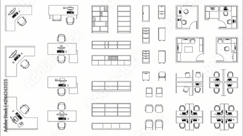 CAD Office Furniture Layout and Elements Plan Vector Pack. Corporate Workplace Cubicle and Desk Blueprint Blocks Collection.