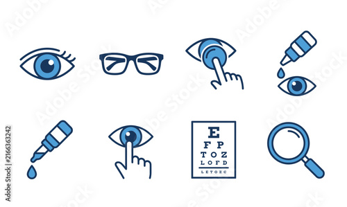 Принти на полотні Eye Care and Vision Icons Set with Eye, Glasses, Contact Lens, Eye Drops, Vision