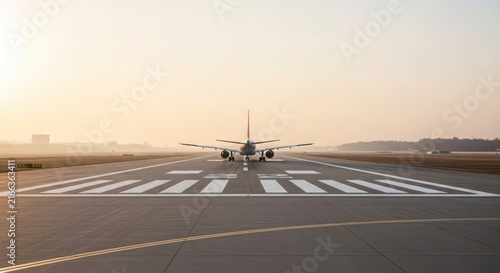 Commercial airliner poised for takeoff on airport runway during golden hour