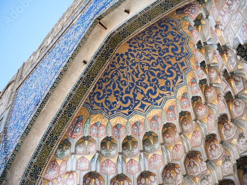 Fotografie Muqarnas Vault Blue Gold Tiles Iwan Abdulaziz Khan Madrassah Bukhara