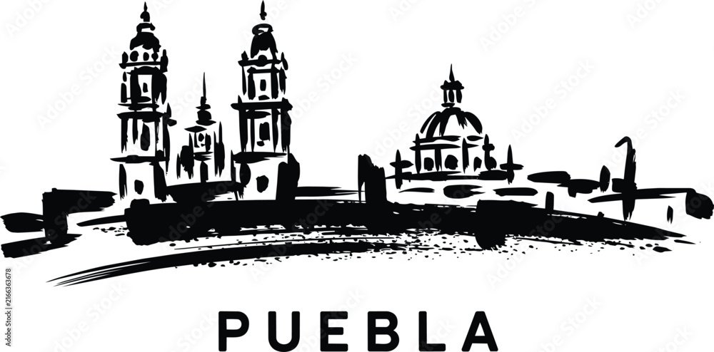 Fototapeta premium Puebla city skyline hand drawn in black ink brush strokes with the iconic Mexican cathedral towers and dome above the bold uppercase city name lettering