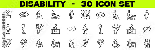 Disability Icon Set — Editable Stroke Vector Icons of Physical and Mental Disability, Assistive Devices, Wheelchair, Blindness, Deafness and Accessibility for Healthcare Design