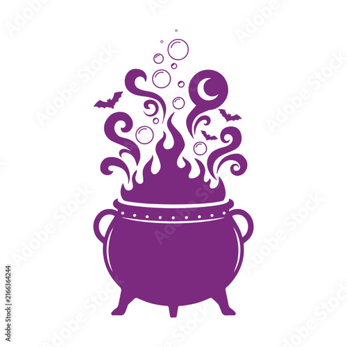 Purple Halloween witch cauldron with magic potion, bubbles, and bats vector illustration